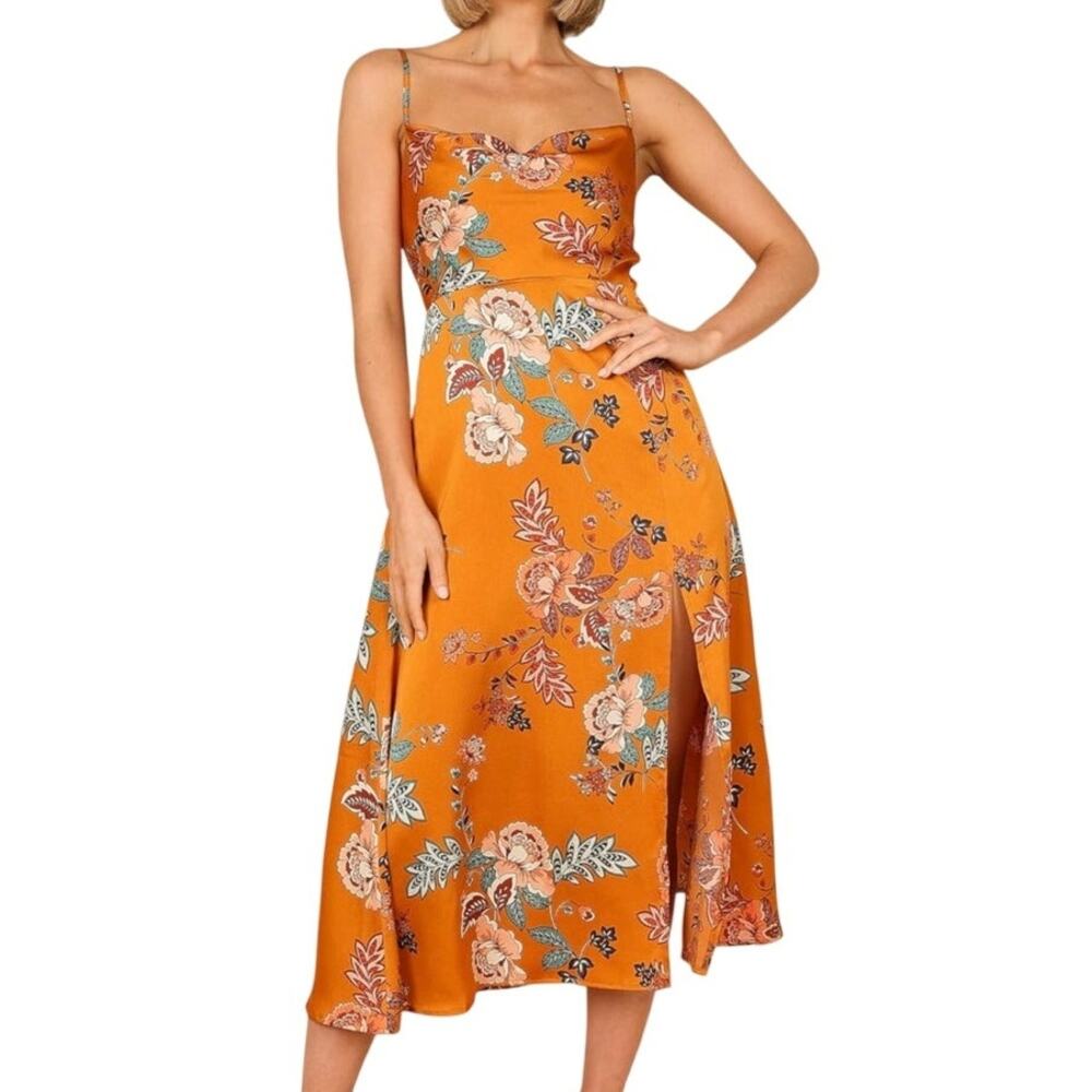 Petal & Pup Women's Alejandra Cowl Neck Midi Dress Tan Size 8 US Floral Satin